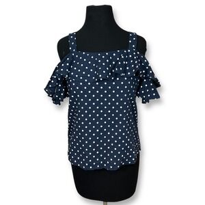 J. Crew Cold Shoulder Top‎ Ruffle Polka Dot Blouse Navy Blue Womens 4